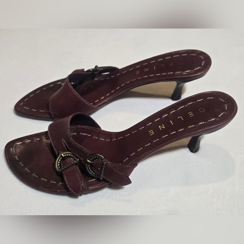 Celine Vintage Dark Mahogany Leather Buckle Mules Size 38 - Picture 2 of 8